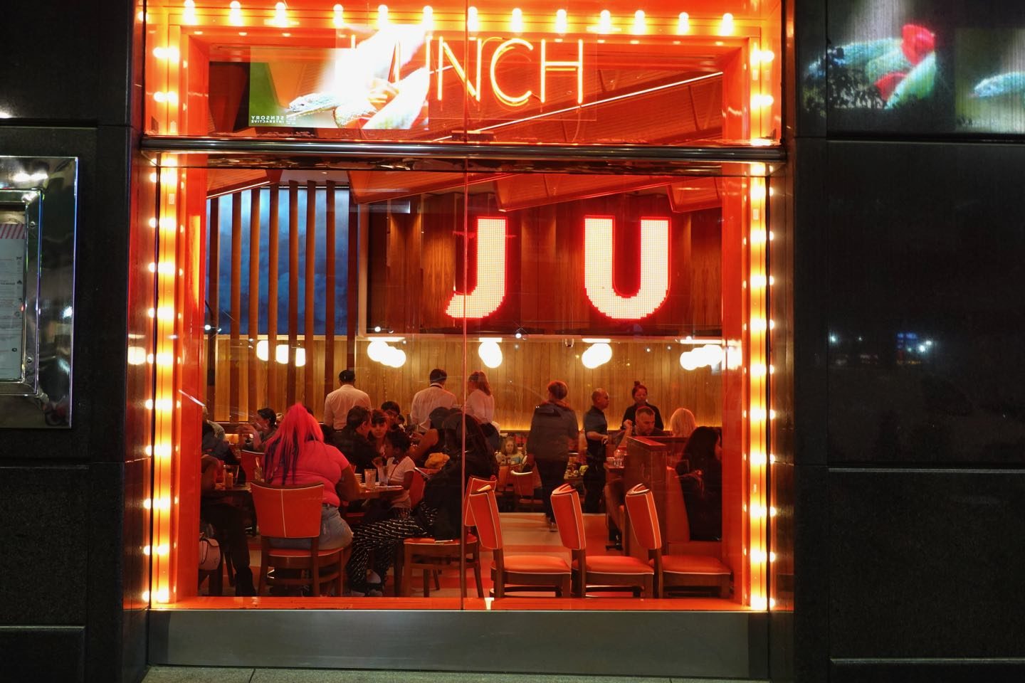 Restaurant on the Theater District at night.