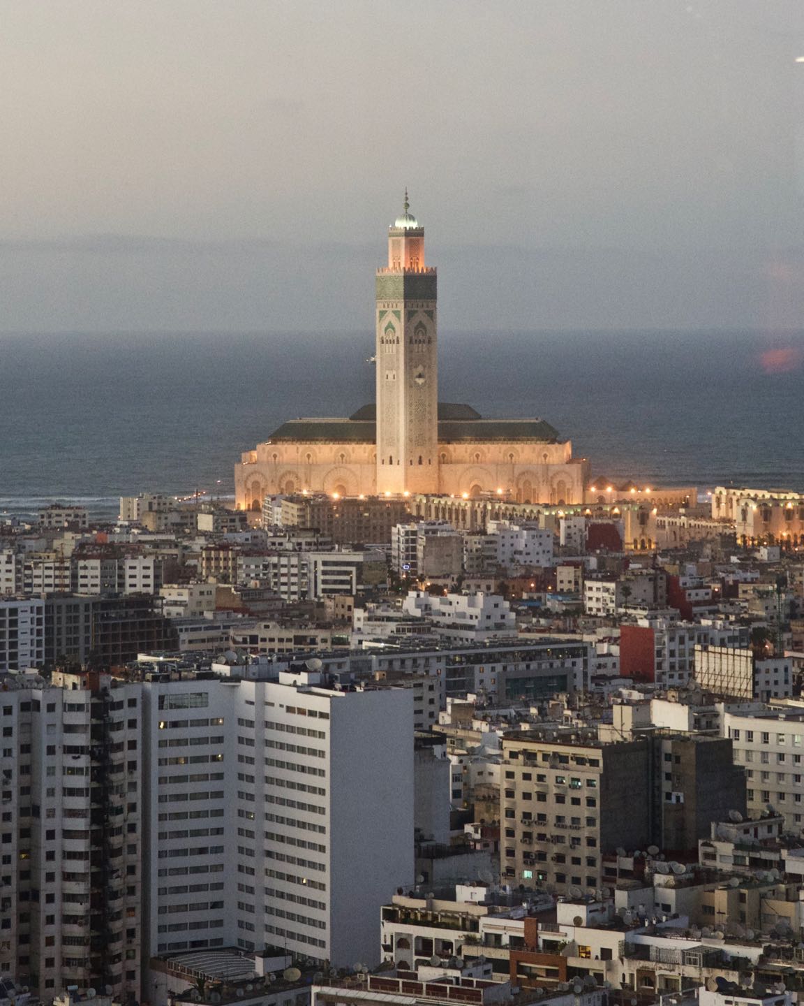 Panoramic view of Casablanca and the Hassan II Moque at sunset. Best views of Casablanca.