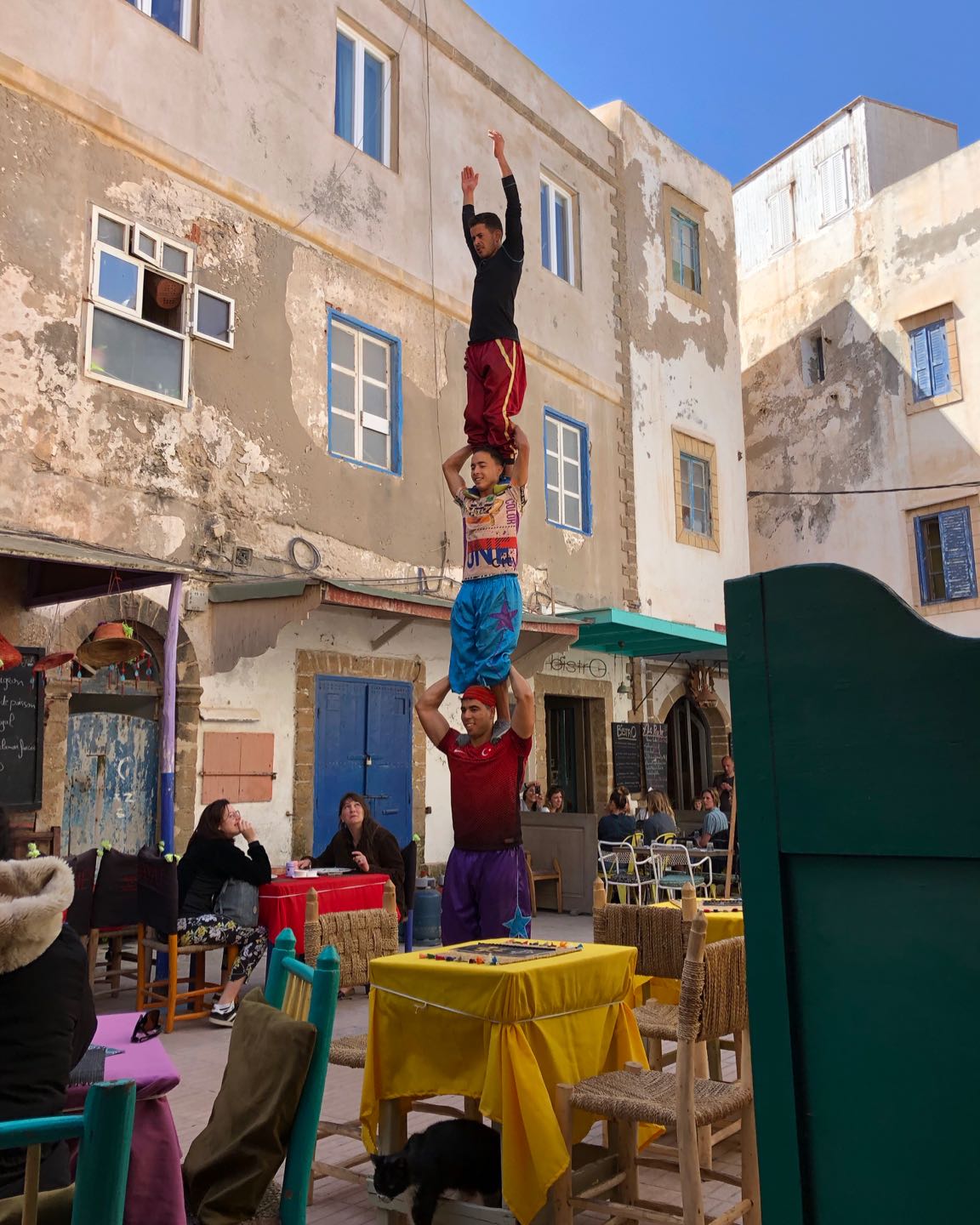 Streets performers outside Taraa Café, one of the best areas for lunch in Essaouira.