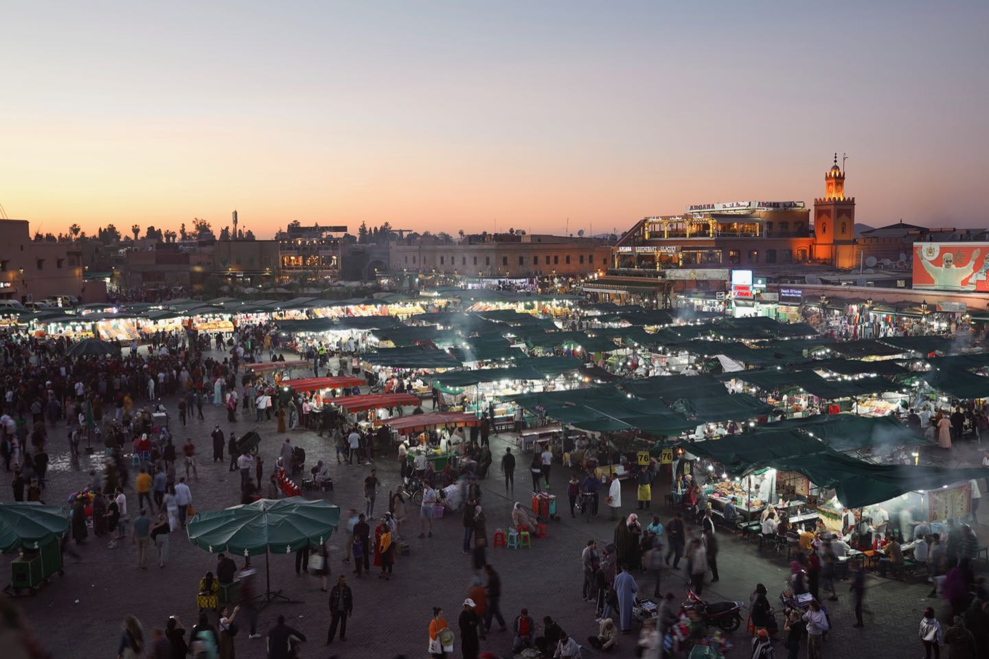 Best panoramic views of Marrakesh and Jemaa el-Fnaa market.